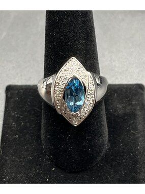 Vintage Sterling Silver Marcasite Blue Topaz Ring Size 9.5 Art Deco